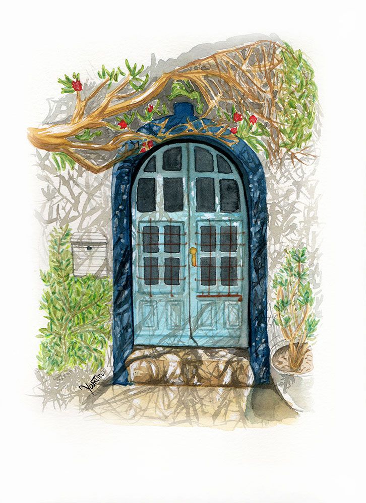 Puerta ibicenca Yamtino ilustración acuarela